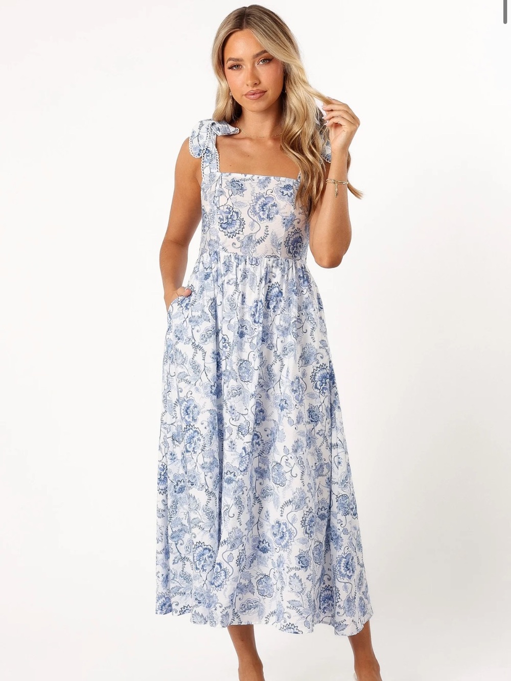 Petal & Pup White and Blue Floral Tie-Shoulder Maxi Dress